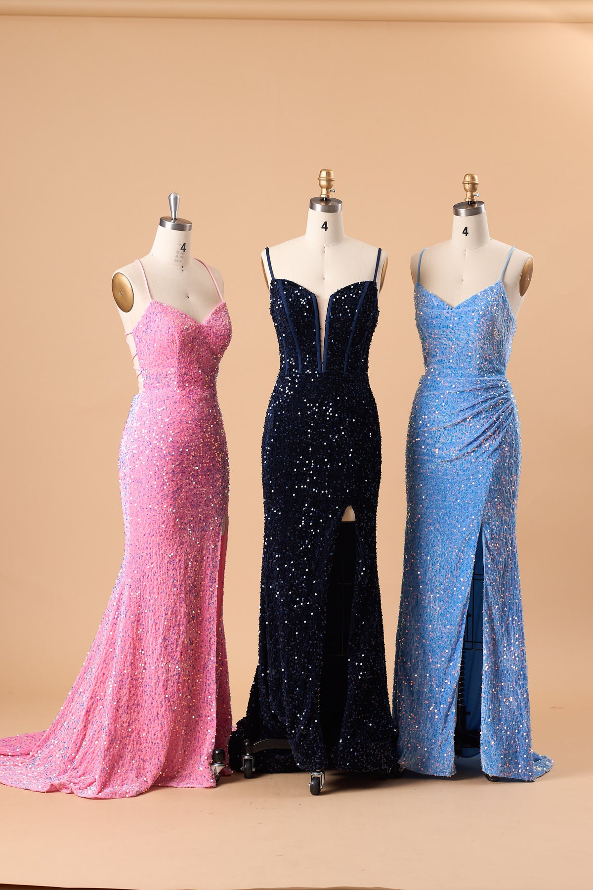 72‑Hour Dispatch Sky Blue Sequin Spaghetti Strap Evening Dress, Cowl Neck Mermaid Gown With High Slit