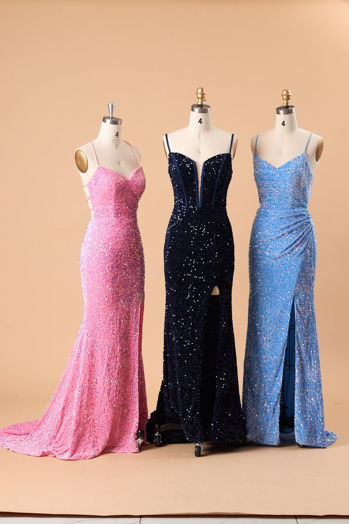 72‑Hour Dispatch Sky Blue Sequin Spaghetti Strap Evening Dress, Cowl Neck Mermaid Gown With High Slit