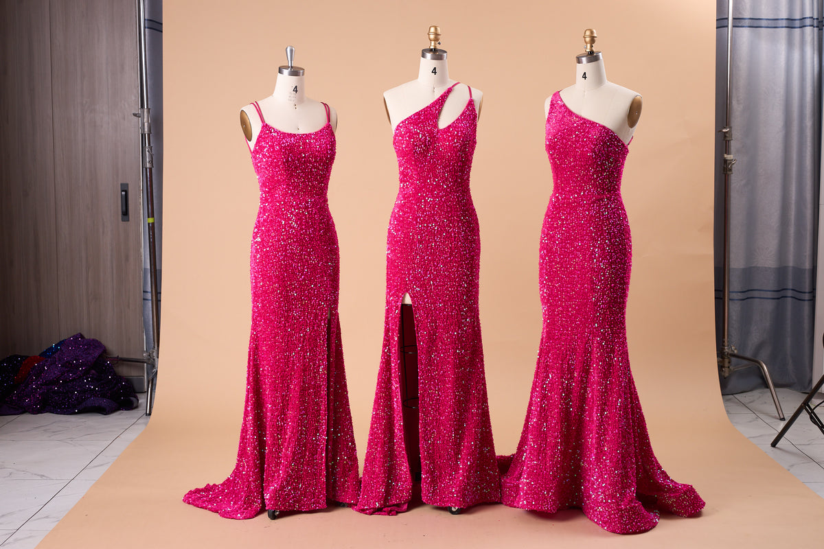 72‑Hour Dispatch Fuchsia Sequin One‑Shoulder Cutout Prom Dress, Mermaid Gown With High Slit
