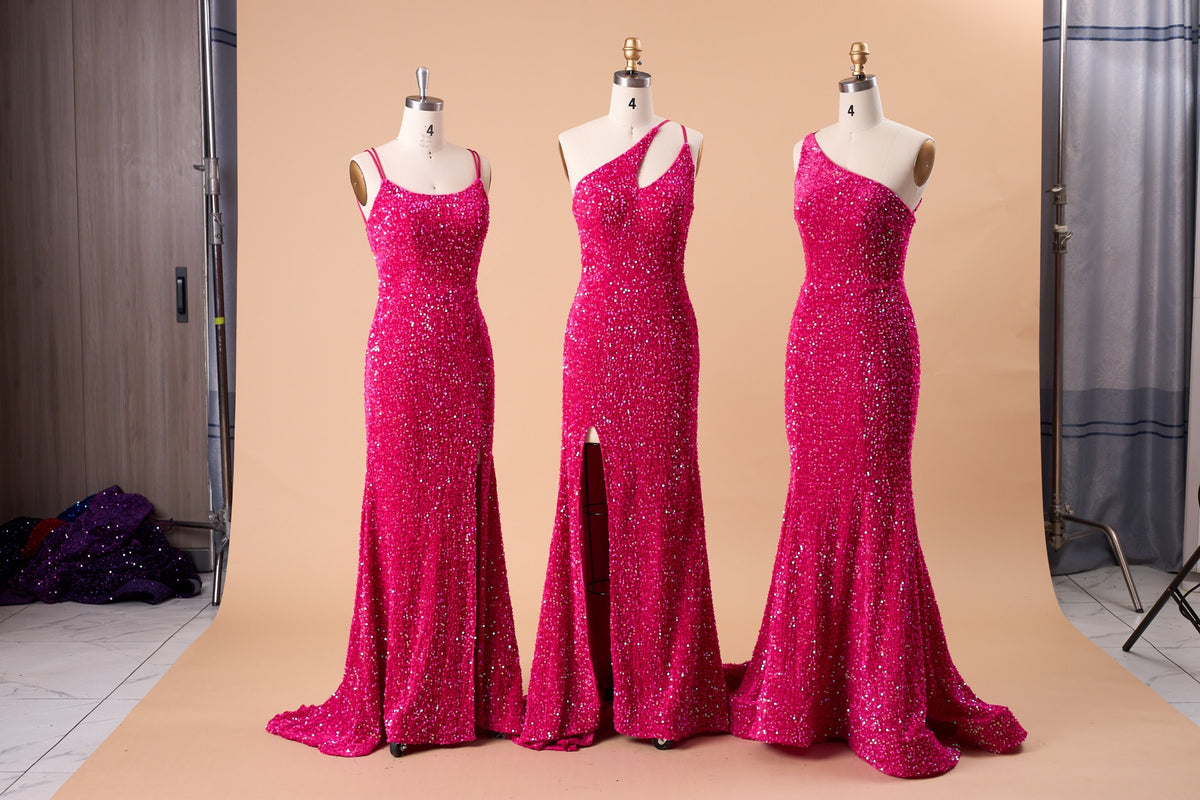 72‑Hour Dispatch Fuchsia Sequin Scoop Neck Prom Dress, Double Spaghetti Strap Mermaid Gown With High Slit