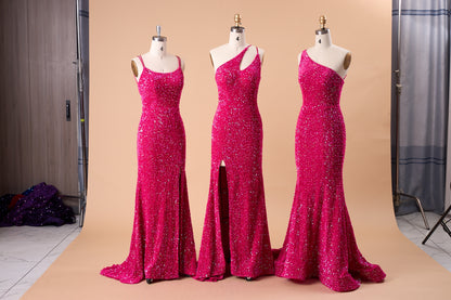 72‑Hour Dispatch Fuchsia Sequin Scoop Neck Prom Dress, Double Spaghetti Strap Mermaid Gown With High Slit