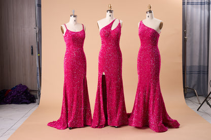 72‑Hour Dispatch Fuchsia Sequin One‑Shoulder Cutout Prom Dress, Mermaid Gown With High Slit