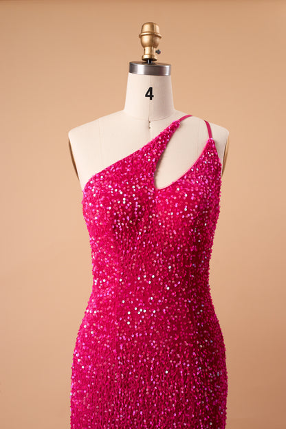 72‑Hour Dispatch Fuchsia Sequin One‑Shoulder Cutout Prom Dress, Mermaid Gown With High Slit