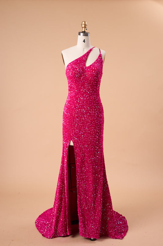 72‑Hour Dispatch Fuchsia Sequin One‑Shoulder Cutout Prom Dress, Mermaid Gown With High Slit