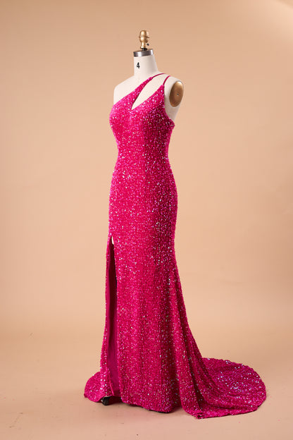72‑Hour Dispatch Fuchsia Sequin One‑Shoulder Cutout Prom Dress, Mermaid Gown With High Slit
