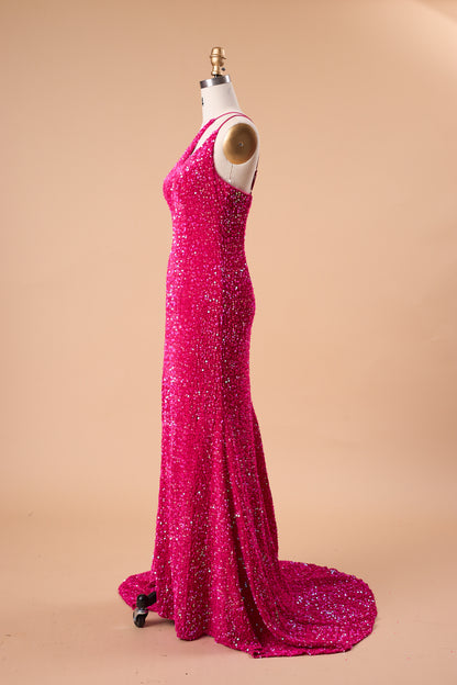 72‑Hour Dispatch Fuchsia Sequin One‑Shoulder Cutout Prom Dress, Mermaid Gown With High Slit