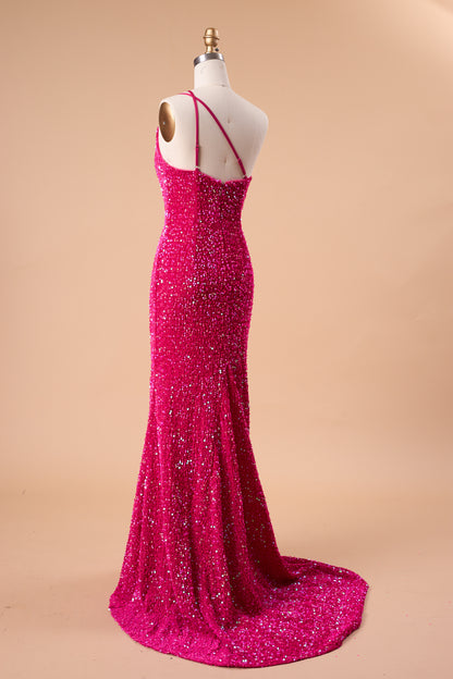 72‑Hour Dispatch Fuchsia Sequin One‑Shoulder Cutout Prom Dress, Mermaid Gown With High Slit