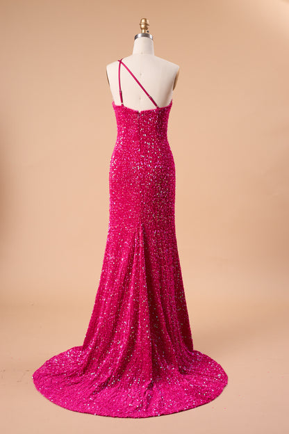 72‑Hour Dispatch Fuchsia Sequin One‑Shoulder Cutout Prom Dress, Mermaid Gown With High Slit