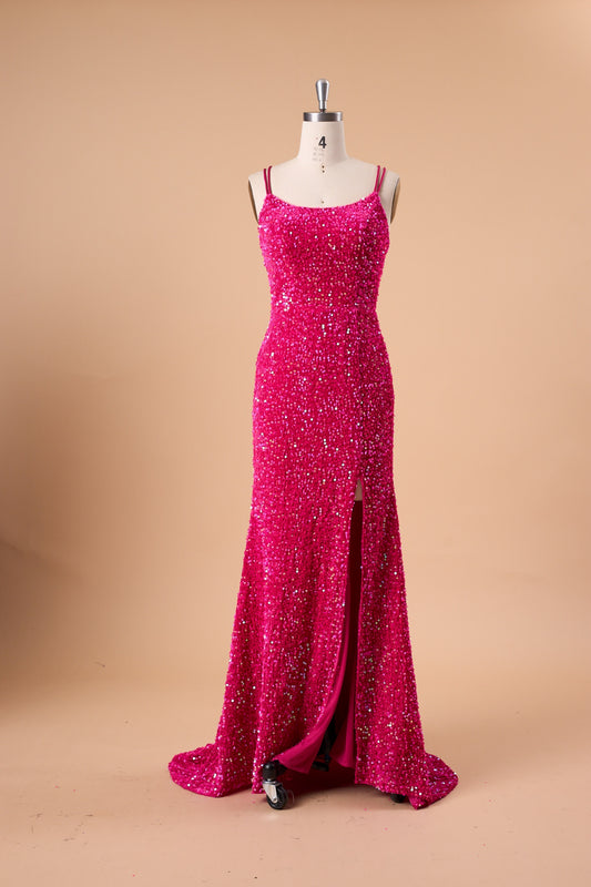 72‑Hour Dispatch Fuchsia Sequin Scoop Neck Prom Dress, Double Spaghetti Strap Mermaid Gown With High Slit