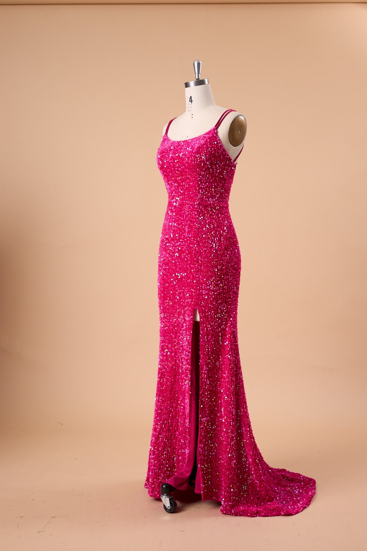72‑Hour Dispatch Fuchsia Sequin Scoop Neck Prom Dress, Double Spaghetti Strap Mermaid Gown With High Slit