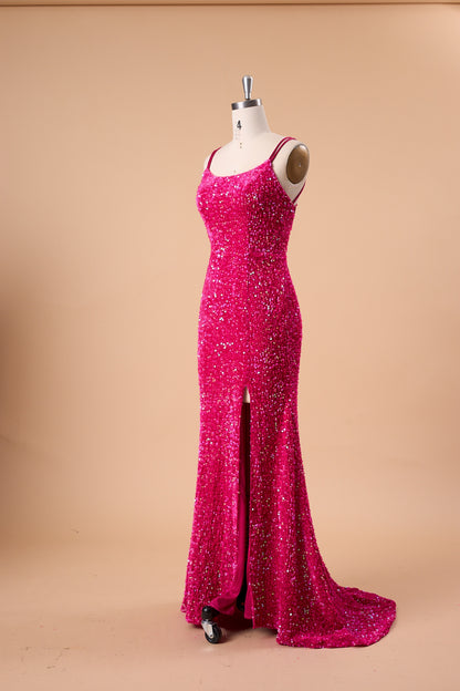 72‑Hour Dispatch Fuchsia Sequin Scoop Neck Prom Dress, Double Spaghetti Strap Mermaid Gown With High Slit