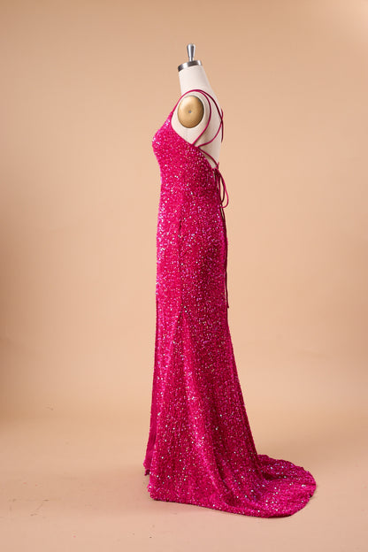 72‑Hour Dispatch Fuchsia Sequin Scoop Neck Prom Dress, Double Spaghetti Strap Mermaid Gown With High Slit