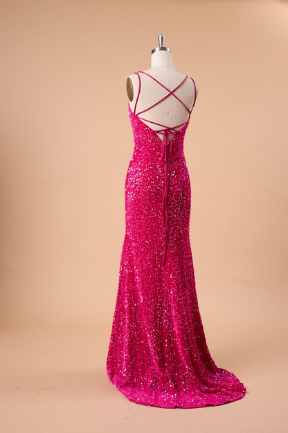 72‑Hour Dispatch Fuchsia Sequin Scoop Neck Prom Dress, Double Spaghetti Strap Mermaid Gown With High Slit