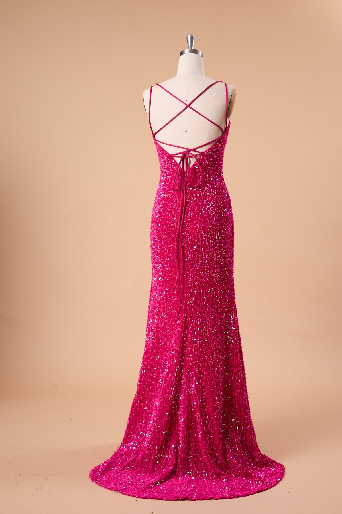 72‑Hour Dispatch Fuchsia Sequin Scoop Neck Prom Dress, Double Spaghetti Strap Mermaid Gown With High Slit