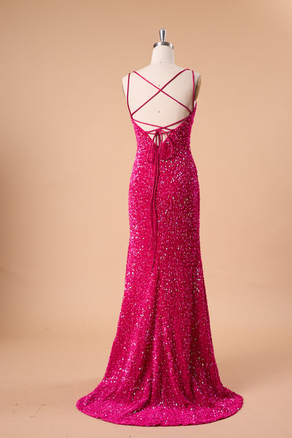 72‑Hour Dispatch Fuchsia Sequin Scoop Neck Prom Dress, Double Spaghetti Strap Mermaid Gown With High Slit
