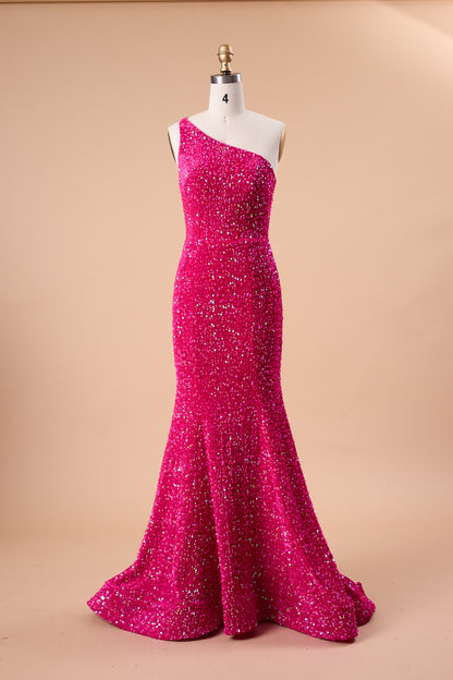 72‑Hour Dispatch Fuchsia Sequin One‑Shoulder Mermaid Prom Dress Long Formal Evening Gown