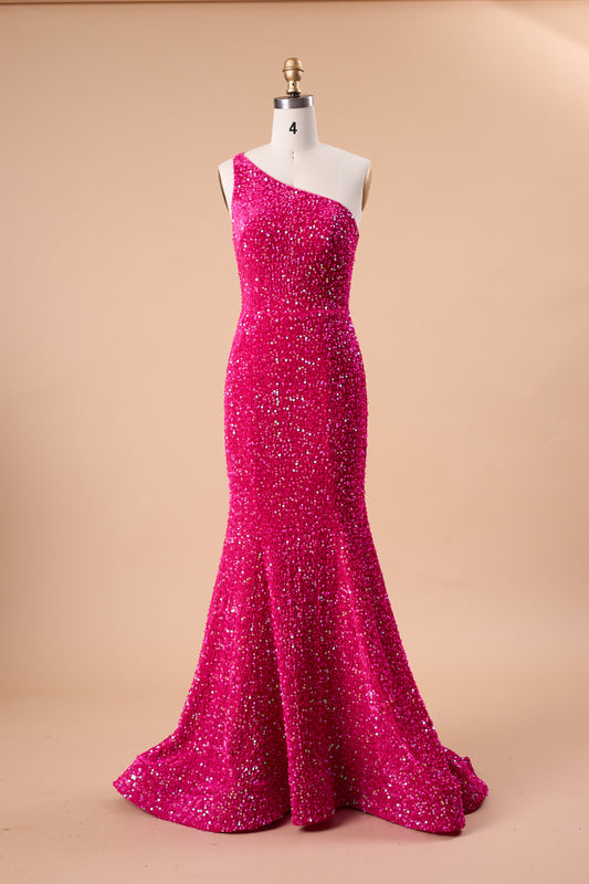 72‑Hour Dispatch Fuchsia Sequin One‑Shoulder Mermaid Prom Dress Long Formal Evening Gown