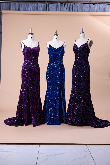 72‑Hour Dispatch Royal Blue Velvet Sequin Spaghetti Strap Slit Mermaid Prom Dress Long Evening Gown