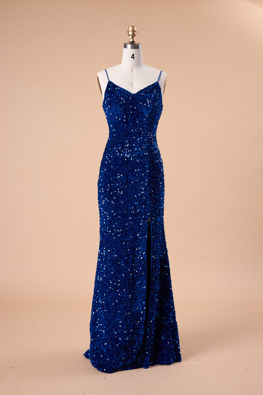 72‑Hour Dispatch Royal Blue Velvet Sequin Spaghetti Strap Slit Mermaid Prom Dress Long Evening Gown