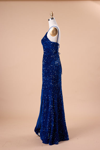 72‑Hour Dispatch Royal Blue Velvet Sequin Spaghetti Strap Slit Mermaid Prom Dress Long Evening Gown