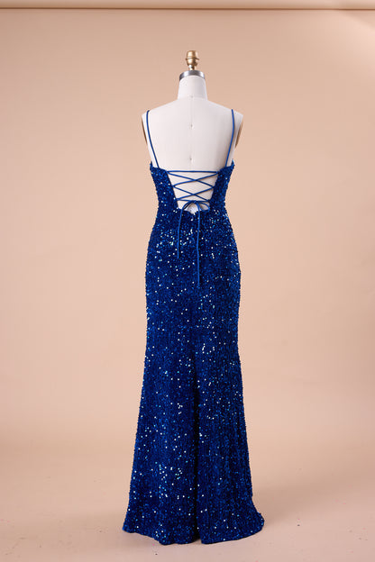 72‑Hour Dispatch Royal Blue Velvet Sequin Spaghetti Strap Slit Mermaid Prom Dress Long Evening Gown
