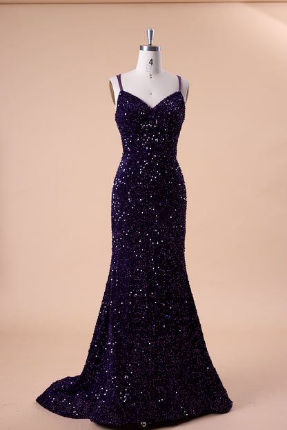 72‑Hour Dispatch Dark Purple Velvet Sequin Spaghetti Strap Mermaid Prom Dress Long Formal Evening Gown