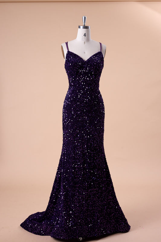 72‑Hour Dispatch Dark Purple Velvet Sequin Spaghetti Strap Mermaid Prom Dress Long Formal Evening Gown