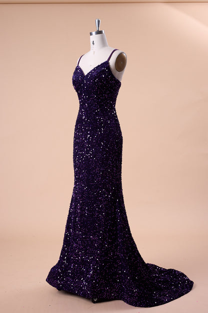 72‑Hour Dispatch Dark Purple Velvet Sequin Spaghetti Strap Mermaid Prom Dress Long Formal Evening Gown