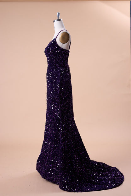 72‑Hour Dispatch Dark Purple Velvet Sequin Spaghetti Strap Mermaid Prom Dress Long Formal Evening Gown