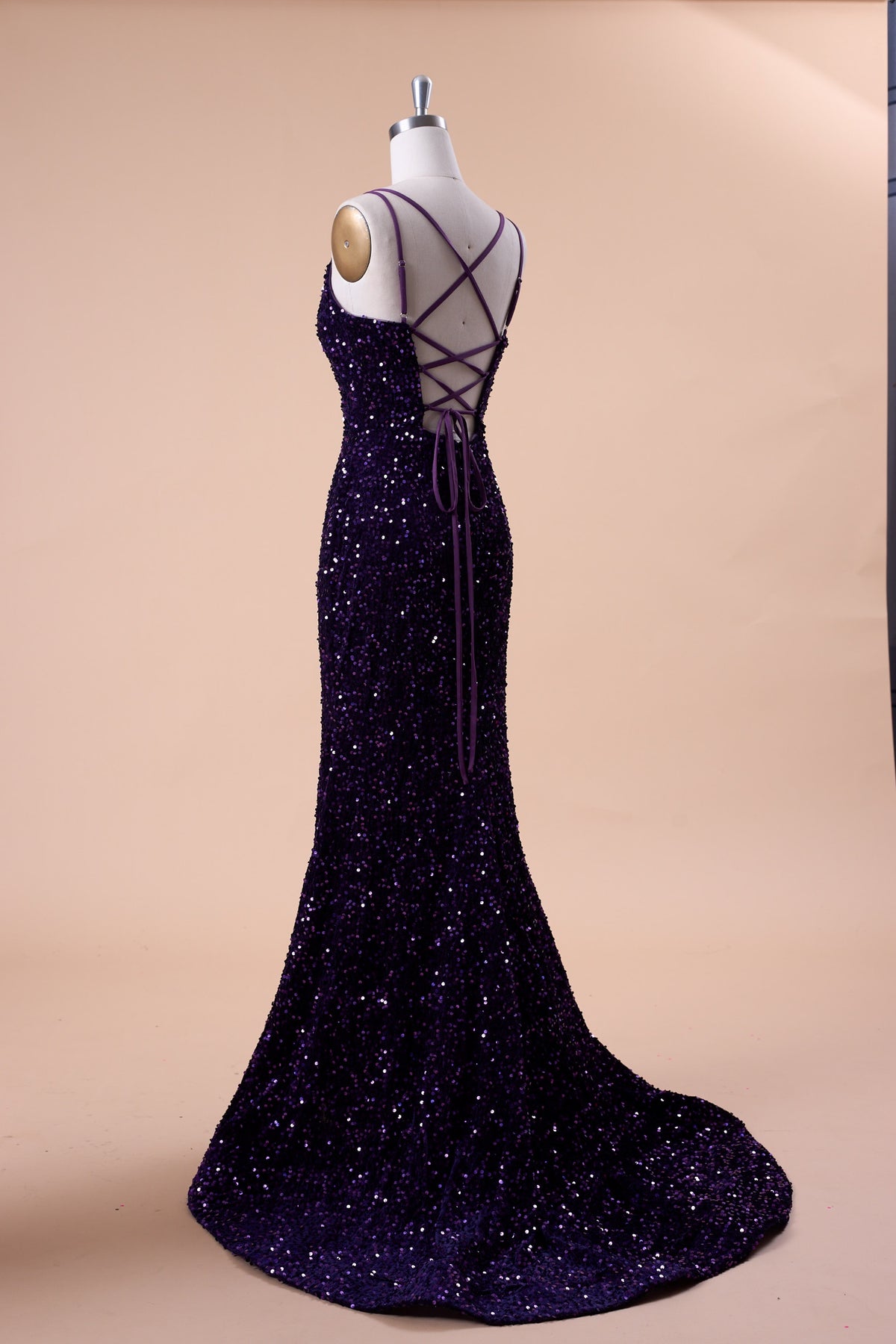 72‑Hour Dispatch Dark Purple Velvet Sequin Spaghetti Strap Mermaid Prom Dress Long Formal Evening Gown