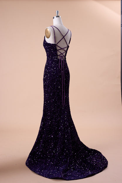 72‑Hour Dispatch Dark Purple Velvet Sequin Spaghetti Strap Mermaid Prom Dress Long Formal Evening Gown