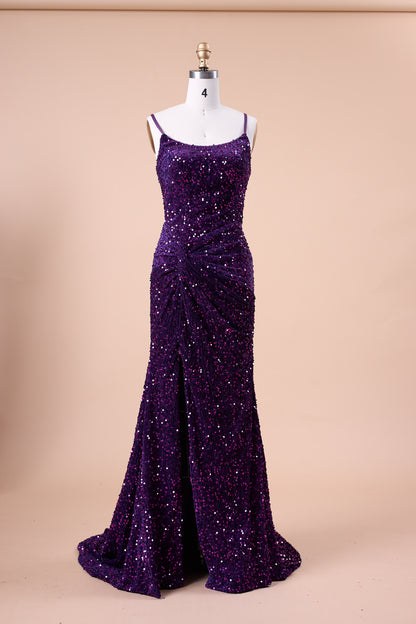 72‑Hour Dispatch Dark Purple Velvet Sequin Spaghetti Strap Twist Slit Mermaid Prom Dress Long Evening Gown