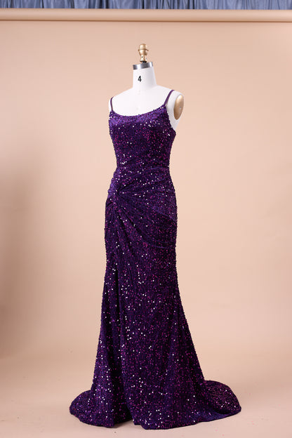 72‑Hour Dispatch Dark Purple Velvet Sequin Spaghetti Strap Twist Slit Mermaid Prom Dress Long Evening Gown