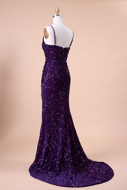72‑Hour Dispatch Dark Purple Velvet Sequin Spaghetti Strap Twist Slit Mermaid Prom Dress Long Evening Gown