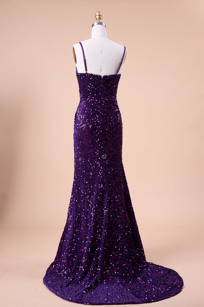 72‑Hour Dispatch Dark Purple Velvet Sequin Spaghetti Strap Twist Slit Mermaid Prom Dress Long Evening Gown