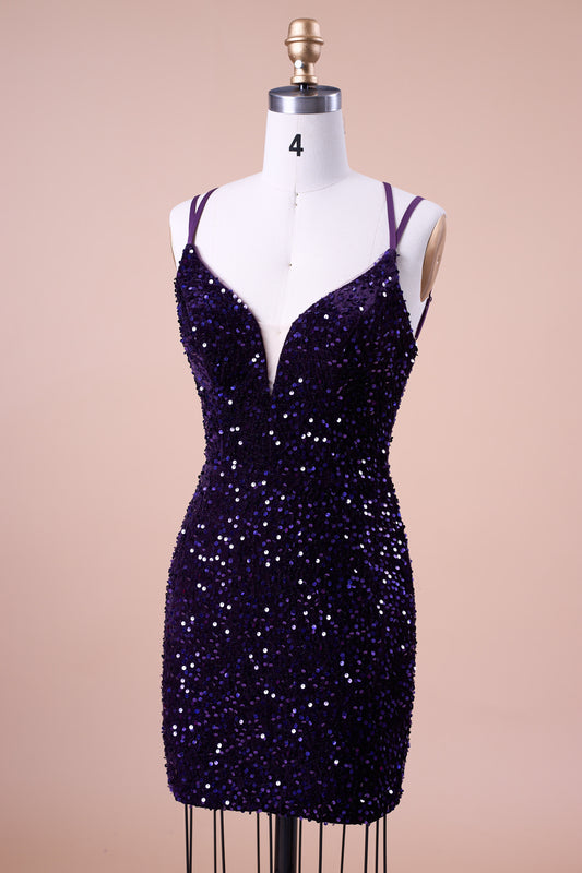 72‑Hour Dispatch Dark Purple Velvet Sequin Deep V Spaghetti Strap Short Homecoming Dress