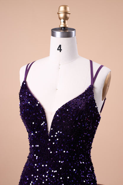 72‑Hour Dispatch Dark Purple Velvet Sequin Deep V Spaghetti Strap Short Homecoming Dress