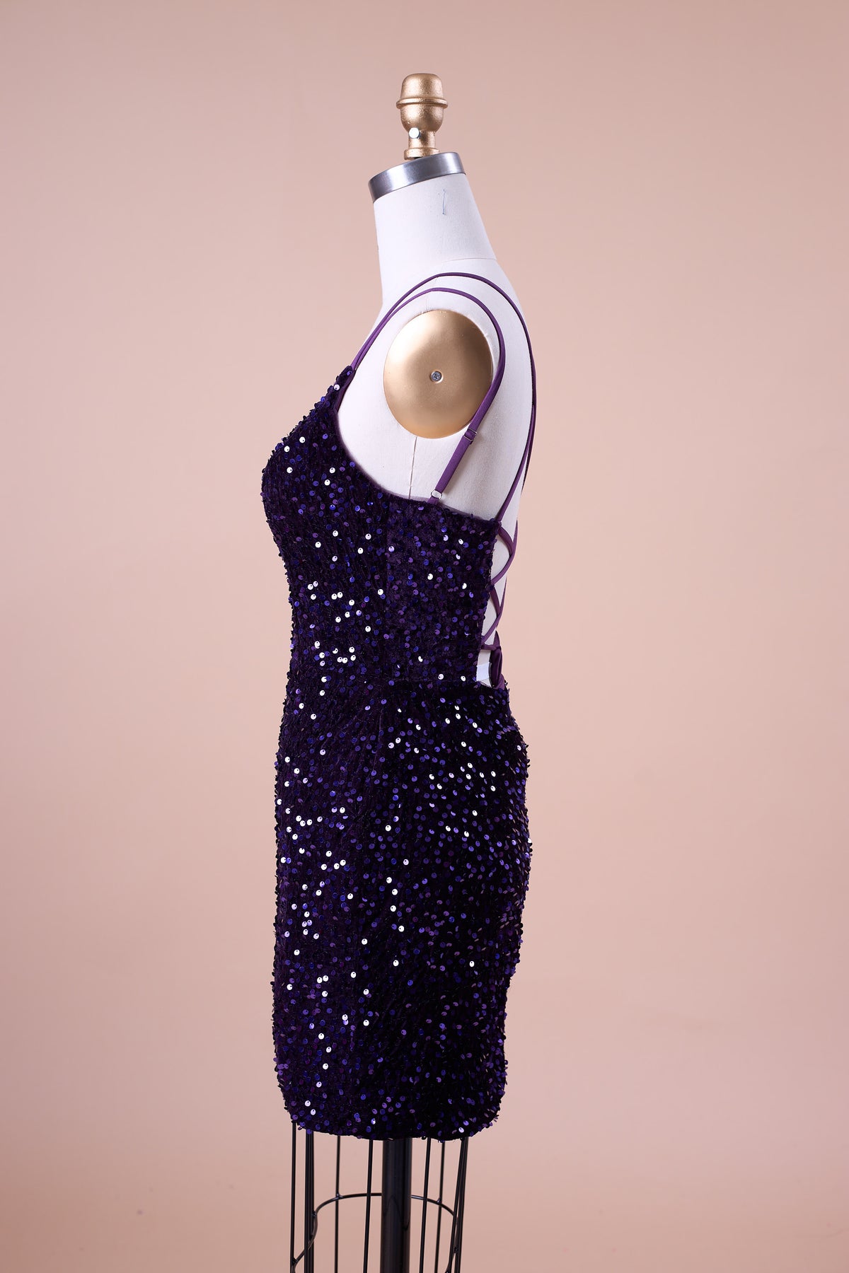 72‑Hour Dispatch Dark Purple Velvet Sequin Deep V Spaghetti Strap Short Homecoming Dress