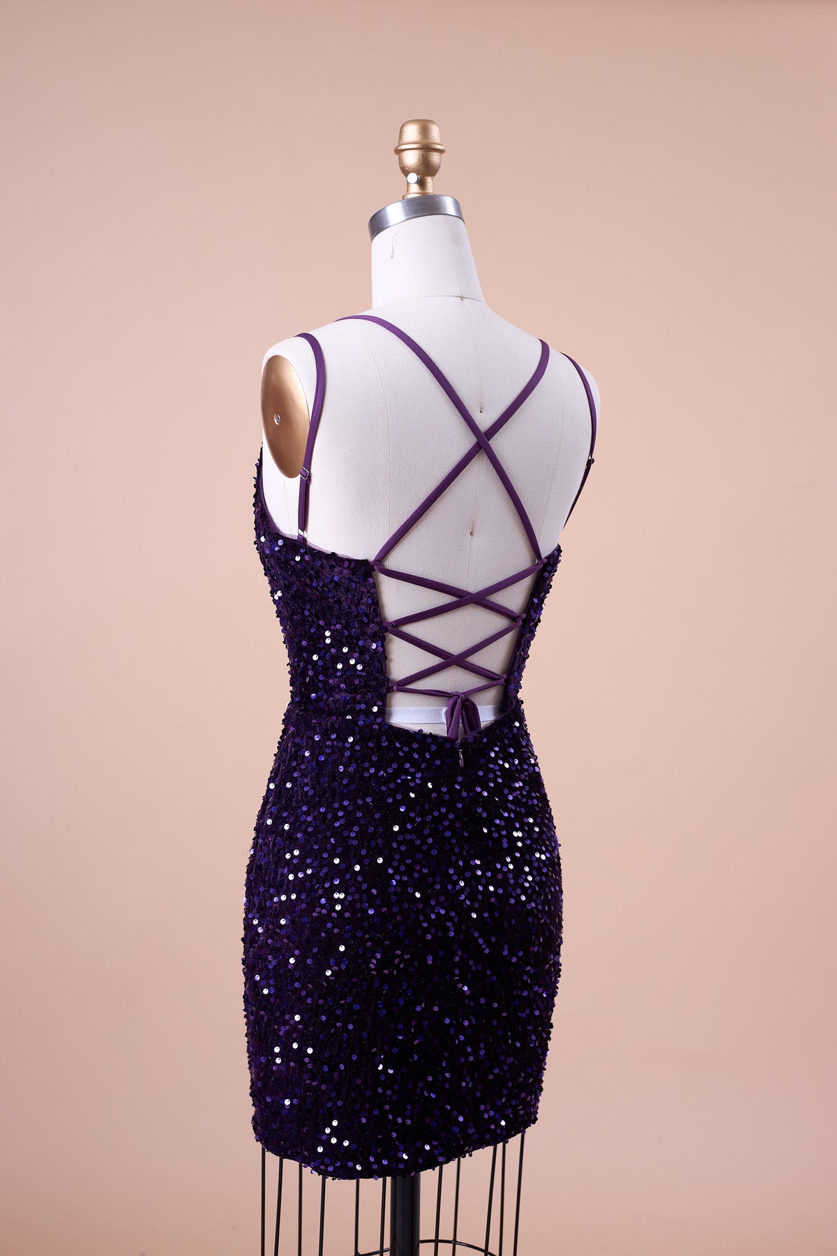 72‑Hour Dispatch Dark Purple Velvet Sequin Deep V Spaghetti Strap Short Homecoming Dress
