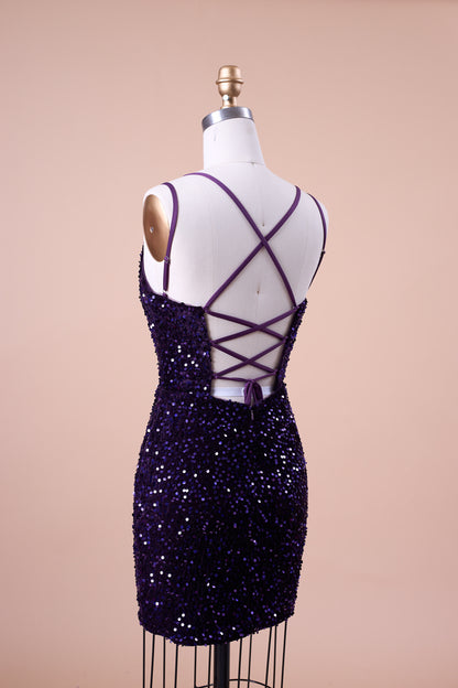 72‑Hour Dispatch Dark Purple Velvet Sequin Deep V Spaghetti Strap Short Homecoming Dress