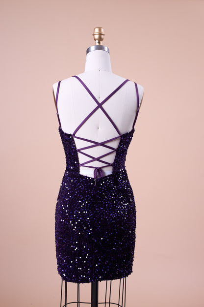 72‑Hour Dispatch Dark Purple Velvet Sequin Deep V Spaghetti Strap Short Homecoming Dress