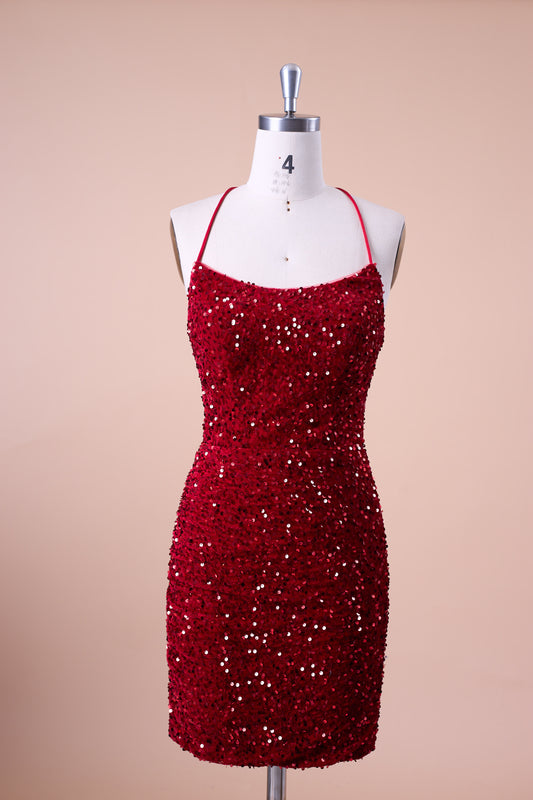 72‑Hour Dispatch Red Velvet Sequin Halter Spaghetti Strap Square Neck Short Homecoming Dress