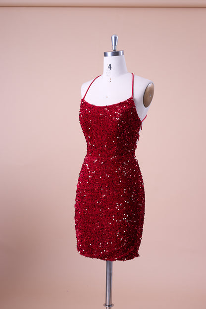 72‑Hour Dispatch Red Velvet Sequin Halter Spaghetti Strap Square Neck Short Homecoming Dress
