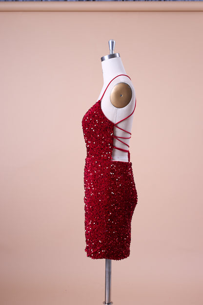 72‑Hour Dispatch Red Velvet Sequin Halter Spaghetti Strap Square Neck Short Homecoming Dress