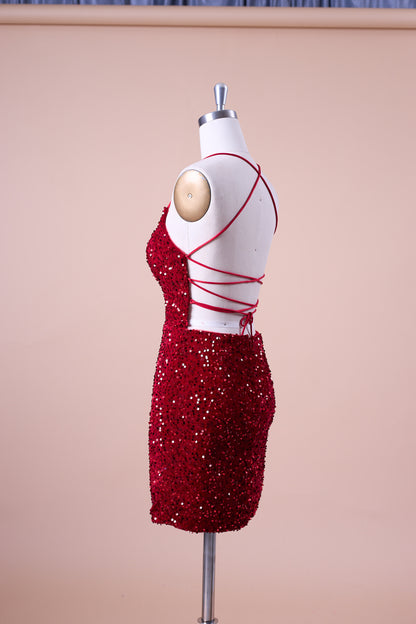 72‑Hour Dispatch Red Velvet Sequin Halter Spaghetti Strap Square Neck Short Homecoming Dress
