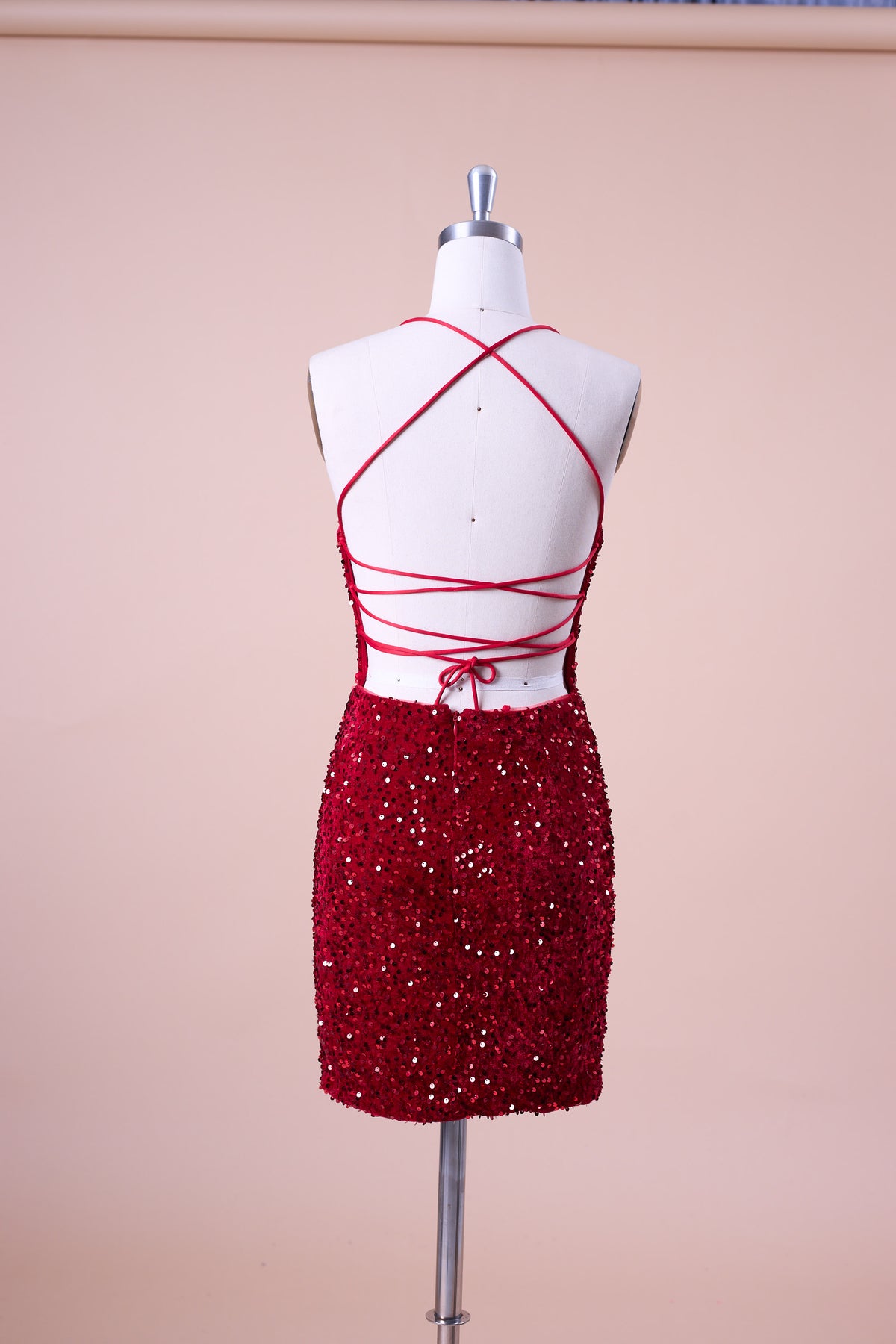 72‑Hour Dispatch Red Velvet Sequin Halter Spaghetti Strap Square Neck Short Homecoming Dress