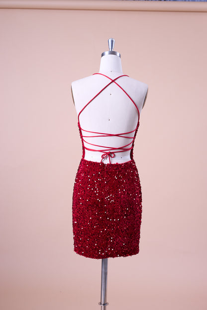 72‑Hour Dispatch Red Velvet Sequin Halter Spaghetti Strap Square Neck Short Homecoming Dress