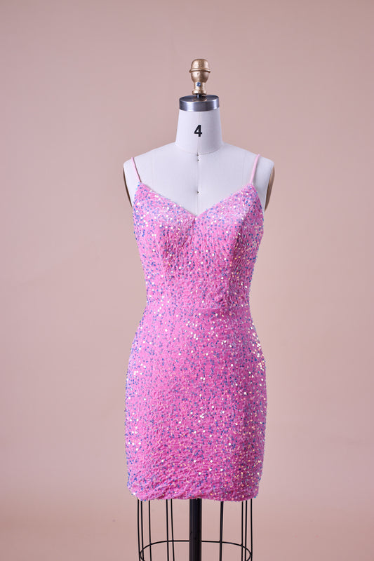 72‑Hour Dispatch Bubblegum Pink Velvet Sequin Spaghetti Strap V‑Neck Bodycon Short Homecoming Dress