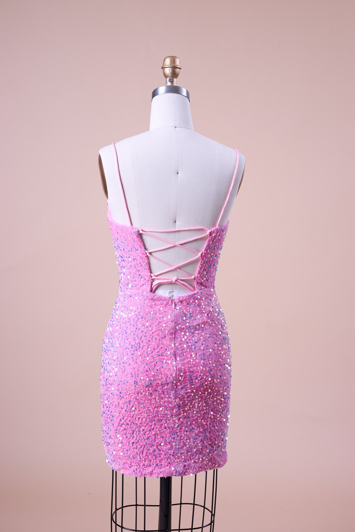 72‑Hour Dispatch Bubblegum Pink Velvet Sequin Spaghetti Strap V‑Neck Bodycon Short Homecoming Dress