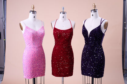 72‑Hour Dispatch Dark Purple Velvet Sequin Deep V Spaghetti Strap Short Homecoming Dress